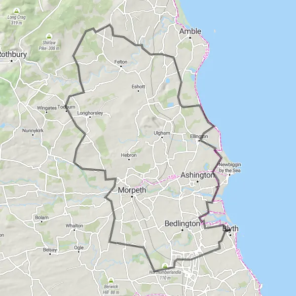 Map miniature of "Charming Northumberland" cycling inspiration in Northumberland and Tyne and Wear, United Kingdom. Generated by Tarmacs.app cycling route planner