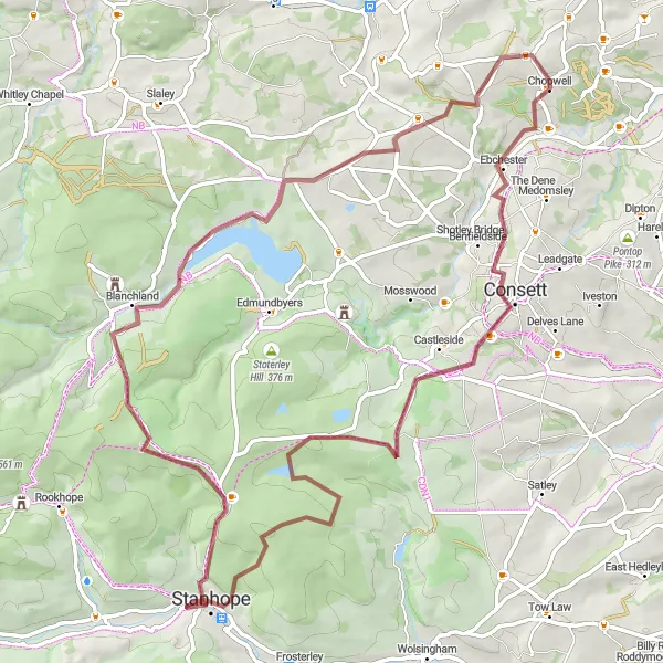 Map miniature of "Chopwell to Derwent Reservoir Gravel Ride" cycling inspiration in Northumberland and Tyne and Wear, United Kingdom. Generated by Tarmacs.app cycling route planner