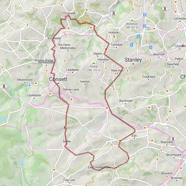 Map miniature of "Chopwell Gravel Adventure" cycling inspiration in Northumberland and Tyne and Wear, United Kingdom. Generated by Tarmacs.app cycling route planner