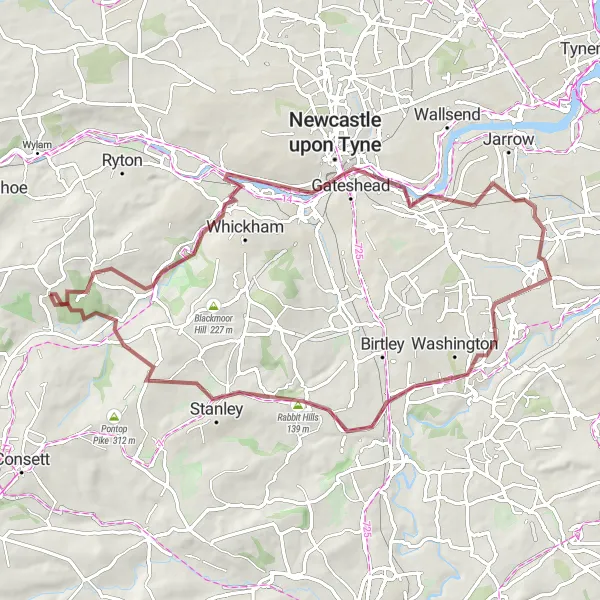 Map miniature of "Off the Beaten Path in Tyne and Wear" cycling inspiration in Northumberland and Tyne and Wear, United Kingdom. Generated by Tarmacs.app cycling route planner