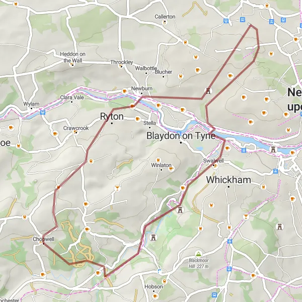 Map miniature of "Valleys and Hills Gravel Adventure" cycling inspiration in Northumberland and Tyne and Wear, United Kingdom. Generated by Tarmacs.app cycling route planner