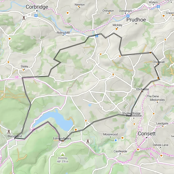 Map miniature of "Chopwell to Ebchester Loop" cycling inspiration in Northumberland and Tyne and Wear, United Kingdom. Generated by Tarmacs.app cycling route planner