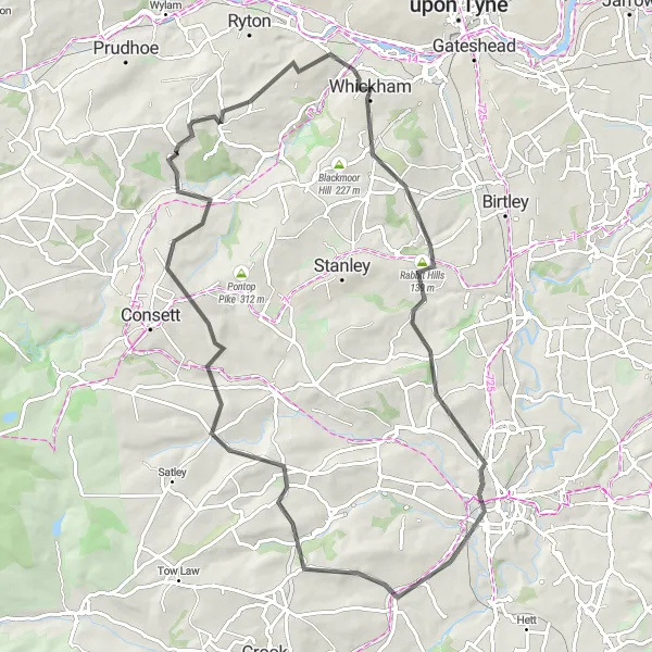 Map miniature of "Blaydon on Tyne and Beyond Road Tour" cycling inspiration in Northumberland and Tyne and Wear, United Kingdom. Generated by Tarmacs.app cycling route planner