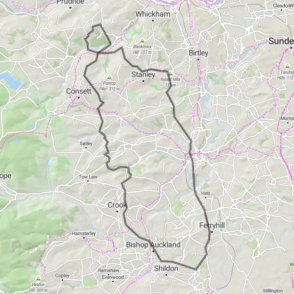 Map miniature of "Stanley to Bishop Auckland Epic Ride" cycling inspiration in Northumberland and Tyne and Wear, United Kingdom. Generated by Tarmacs.app cycling route planner