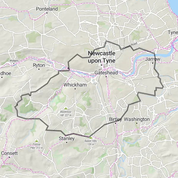 Map miniature of "Tyne and Wear Adventure" cycling inspiration in Northumberland and Tyne and Wear, United Kingdom. Generated by Tarmacs.app cycling route planner
