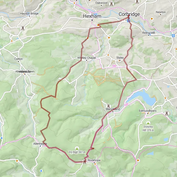 Map miniature of "Curvy and Scenic Terrains: Slaley Loop" cycling inspiration in Northumberland and Tyne and Wear, United Kingdom. Generated by Tarmacs.app cycling route planner