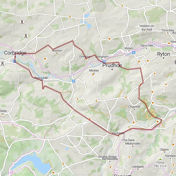 Map miniature of "Prudhoe to Ebchester via Broomhaugh" cycling inspiration in Northumberland and Tyne and Wear, United Kingdom. Generated by Tarmacs.app cycling route planner
