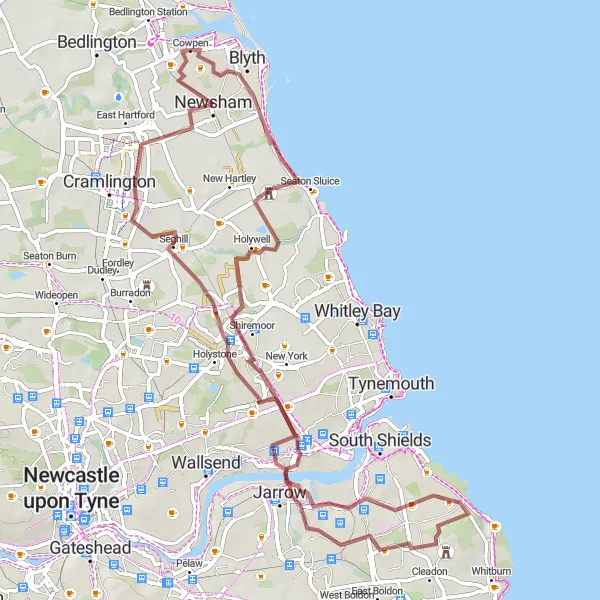 Map miniature of "Coast and Countryside Gravel Grinder" cycling inspiration in Northumberland and Tyne and Wear, United Kingdom. Generated by Tarmacs.app cycling route planner