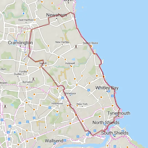 Map miniature of "Old Hartley Gravel Ride" cycling inspiration in Northumberland and Tyne and Wear, United Kingdom. Generated by Tarmacs.app cycling route planner