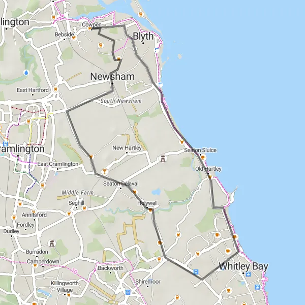 Map miniature of "Seaton Delaval to Blyth Loop" cycling inspiration in Northumberland and Tyne and Wear, United Kingdom. Generated by Tarmacs.app cycling route planner