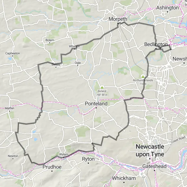 Map miniature of "Northumberlandia Road Ride" cycling inspiration in Northumberland and Tyne and Wear, United Kingdom. Generated by Tarmacs.app cycling route planner