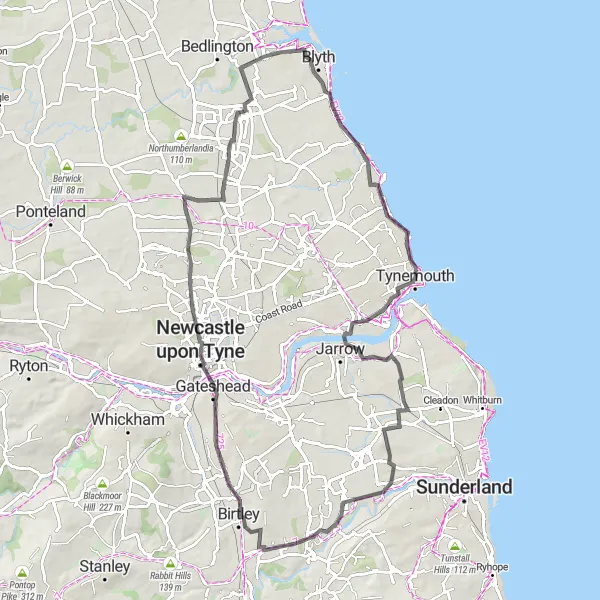 Map miniature of "Tynemouth Coastal Ride" cycling inspiration in Northumberland and Tyne and Wear, United Kingdom. Generated by Tarmacs.app cycling route planner