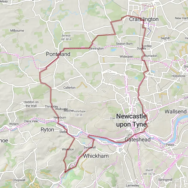 Map miniature of "Gravel Adventure from Cramlington to Dudley" cycling inspiration in Northumberland and Tyne and Wear, United Kingdom. Generated by Tarmacs.app cycling route planner