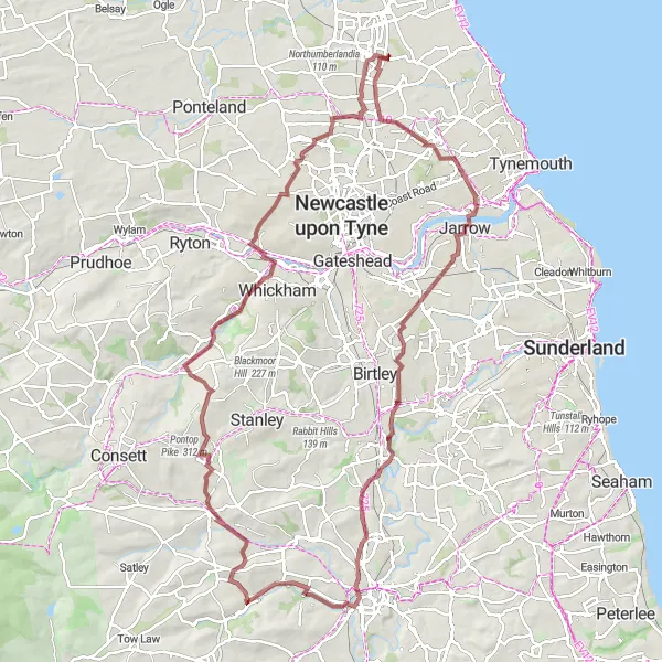 Map miniature of "Cramlington to Jarrow via Ushaw Moor" cycling inspiration in Northumberland and Tyne and Wear, United Kingdom. Generated by Tarmacs.app cycling route planner