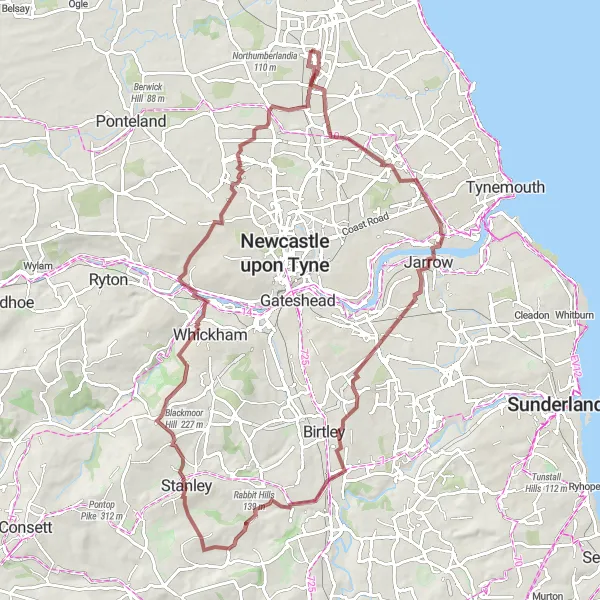 Map miniature of "Cramlington to Newfield via Pelton Hills" cycling inspiration in Northumberland and Tyne and Wear, United Kingdom. Generated by Tarmacs.app cycling route planner