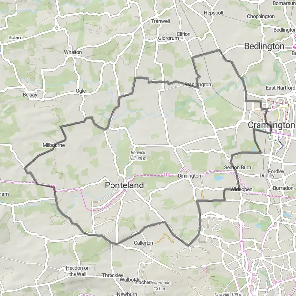 Map miniature of "Cramlington Loop via Seaton Burn and Nedderton" cycling inspiration in Northumberland and Tyne and Wear, United Kingdom. Generated by Tarmacs.app cycling route planner