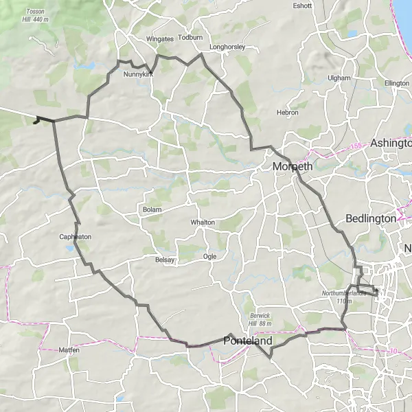 Map miniature of "Northumberlandia and Morpeth Adventure" cycling inspiration in Northumberland and Tyne and Wear, United Kingdom. Generated by Tarmacs.app cycling route planner