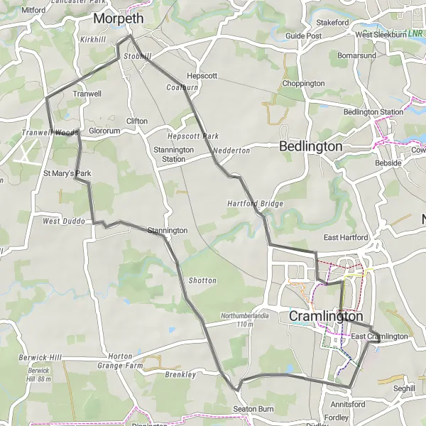 Map miniature of "Tranwell Loop from Cramlington" cycling inspiration in Northumberland and Tyne and Wear, United Kingdom. Generated by Tarmacs.app cycling route planner