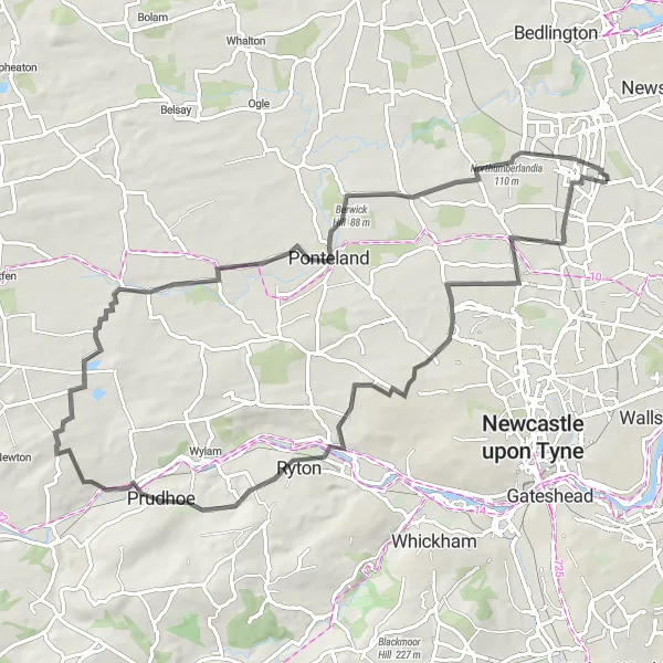 Map miniature of "Panoramic Tour from Cramlington to Northumberlandia" cycling inspiration in Northumberland and Tyne and Wear, United Kingdom. Generated by Tarmacs.app cycling route planner