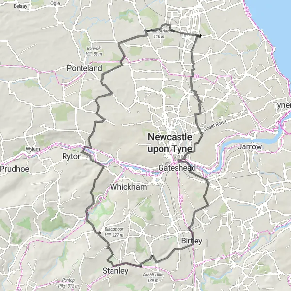 Map miniature of "Cramlington and Burradon Loop" cycling inspiration in Northumberland and Tyne and Wear, United Kingdom. Generated by Tarmacs.app cycling route planner