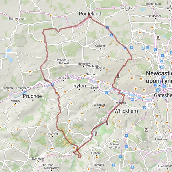 Map miniature of "Exploring Gravel Trails around Ponteland" cycling inspiration in Northumberland and Tyne and Wear, United Kingdom. Generated by Tarmacs.app cycling route planner