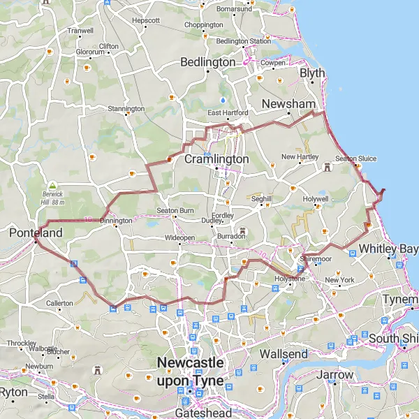 Map miniature of "Gravel Adventure to Old Hartley and Coxlodge" cycling inspiration in Northumberland and Tyne and Wear, United Kingdom. Generated by Tarmacs.app cycling route planner