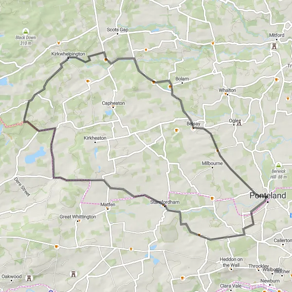 Map miniature of "The Darras Hall Challenge" cycling inspiration in Northumberland and Tyne and Wear, United Kingdom. Generated by Tarmacs.app cycling route planner