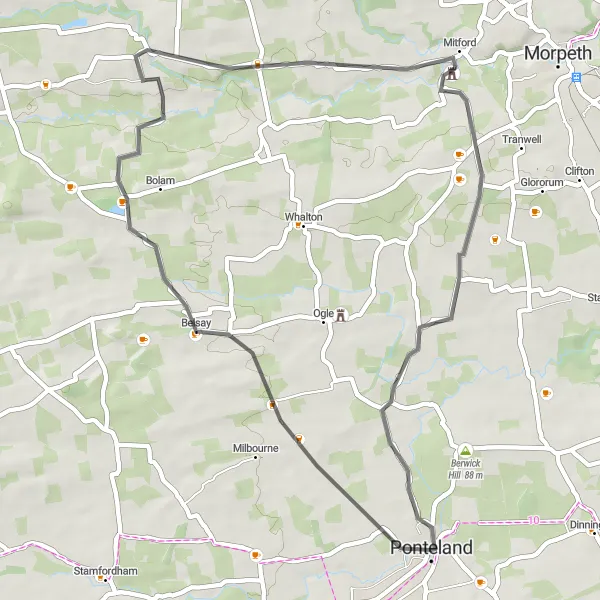 Map miniature of "The Historic Hinterland" cycling inspiration in Northumberland and Tyne and Wear, United Kingdom. Generated by Tarmacs.app cycling route planner