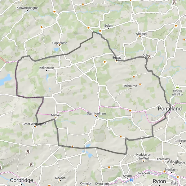 Map miniature of "Harlow Hill and Matfen Loop" cycling inspiration in Northumberland and Tyne and Wear, United Kingdom. Generated by Tarmacs.app cycling route planner