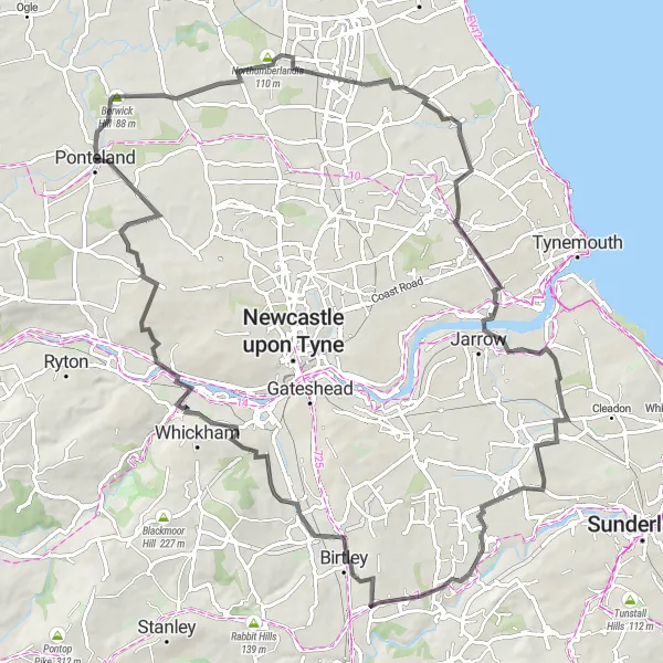 Map miniature of "Berwick Hill to Westerhope Adventure" cycling inspiration in Northumberland and Tyne and Wear, United Kingdom. Generated by Tarmacs.app cycling route planner