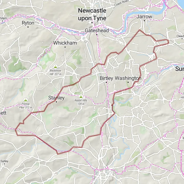 Map miniature of "Boldon to Black Hill Gravel Loop" cycling inspiration in Northumberland and Tyne and Wear, United Kingdom. Generated by Tarmacs.app cycling route planner