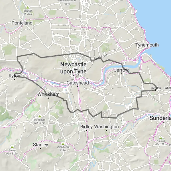 Map miniature of "Historic Monuments and River Views" cycling inspiration in Northumberland and Tyne and Wear, United Kingdom. Generated by Tarmacs.app cycling route planner