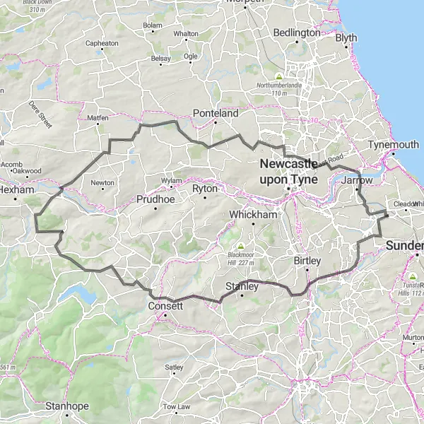 Map miniature of "Northumberland Road Challenge" cycling inspiration in Northumberland and Tyne and Wear, United Kingdom. Generated by Tarmacs.app cycling route planner