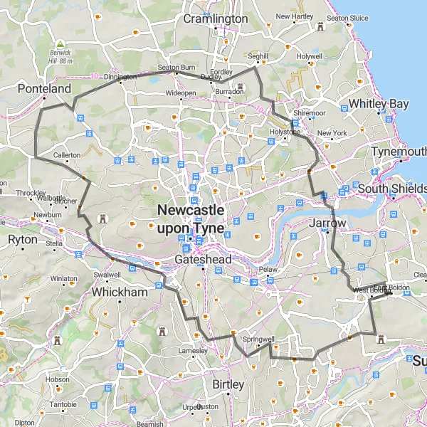 Map miniature of "Hylton Castle Loop" cycling inspiration in Northumberland and Tyne and Wear, United Kingdom. Generated by Tarmacs.app cycling route planner