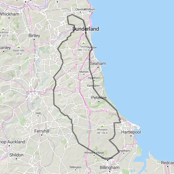 Map miniature of "Seaham and Dalton Piercy Loop" cycling inspiration in Northumberland and Tyne and Wear, United Kingdom. Generated by Tarmacs.app cycling route planner