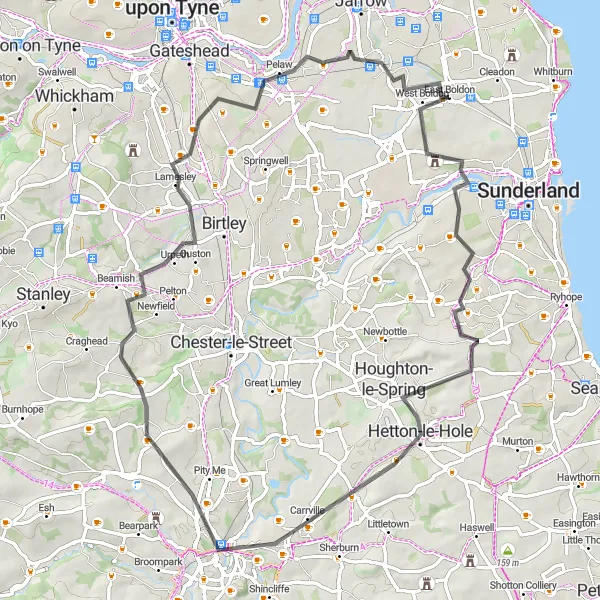 Map miniature of "Durham and Gateshead Circuit" cycling inspiration in Northumberland and Tyne and Wear, United Kingdom. Generated by Tarmacs.app cycling route planner