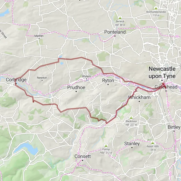 Map miniature of "Historic Trail Gravel Loop" cycling inspiration in Northumberland and Tyne and Wear, United Kingdom. Generated by Tarmacs.app cycling route planner