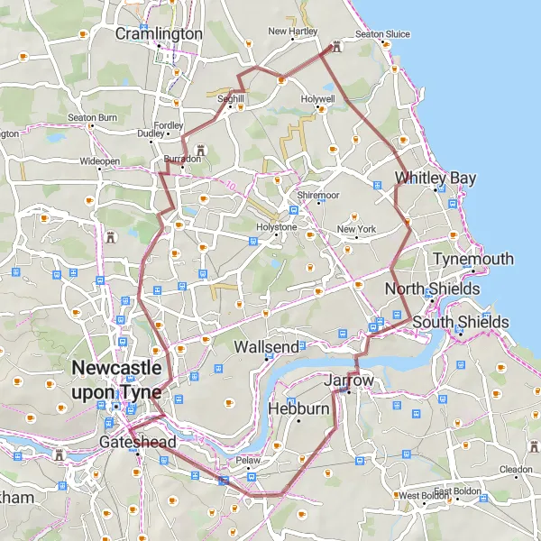 Map miniature of "Tyne Bridge Gravel Loop" cycling inspiration in Northumberland and Tyne and Wear, United Kingdom. Generated by Tarmacs.app cycling route planner