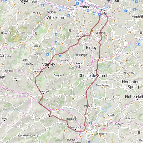 Map miniature of "The Hills and Valleys Gravel Ride" cycling inspiration in Northumberland and Tyne and Wear, United Kingdom. Generated by Tarmacs.app cycling route planner
