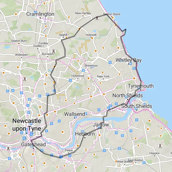 Map miniature of "Tyne Bridge and Coastal Circuit" cycling inspiration in Northumberland and Tyne and Wear, United Kingdom. Generated by Tarmacs.app cycling route planner