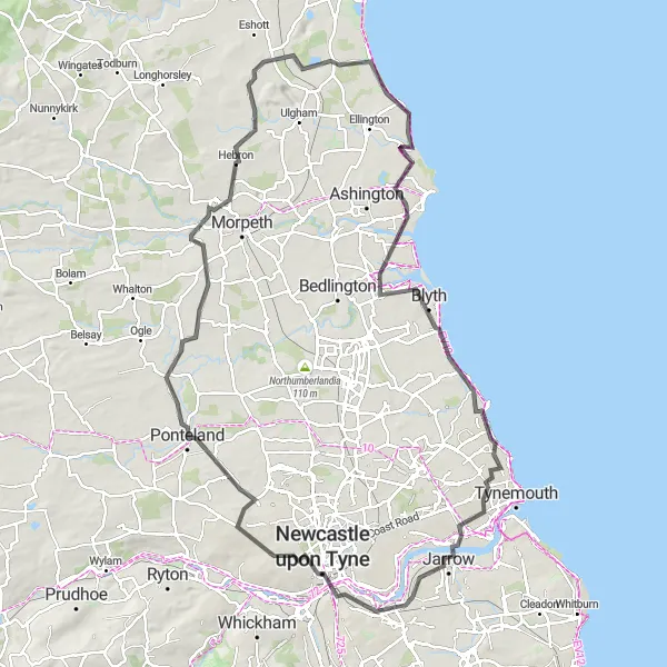 Map miniature of "The Gateshead and Lynemouth road route" cycling inspiration in Northumberland and Tyne and Wear, United Kingdom. Generated by Tarmacs.app cycling route planner