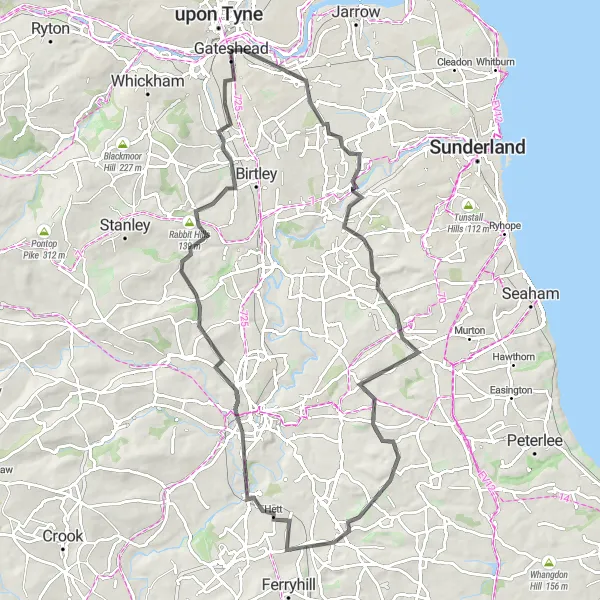 Map miniature of "The Newcastle Castle to Lamesley road route" cycling inspiration in Northumberland and Tyne and Wear, United Kingdom. Generated by Tarmacs.app cycling route planner