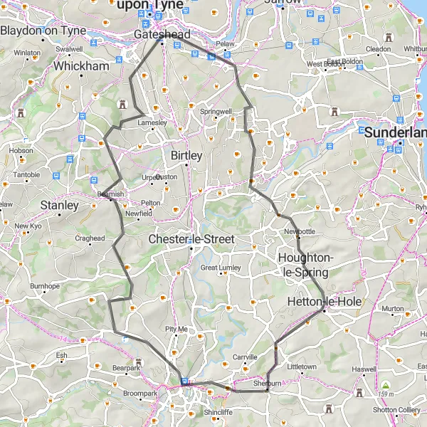 Map miniature of "Exploring Durham Countryside" cycling inspiration in Northumberland and Tyne and Wear, United Kingdom. Generated by Tarmacs.app cycling route planner