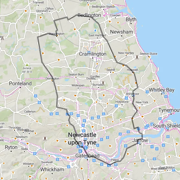 Map miniature of "Newcastle Coastal Ride" cycling inspiration in Northumberland and Tyne and Wear, United Kingdom. Generated by Tarmacs.app cycling route planner