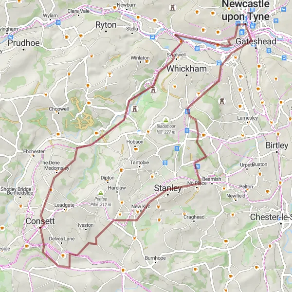 Map miniature of "Historical Landmarks and Natural Beauty Gravel Ride" cycling inspiration in Northumberland and Tyne and Wear, United Kingdom. Generated by Tarmacs.app cycling route planner