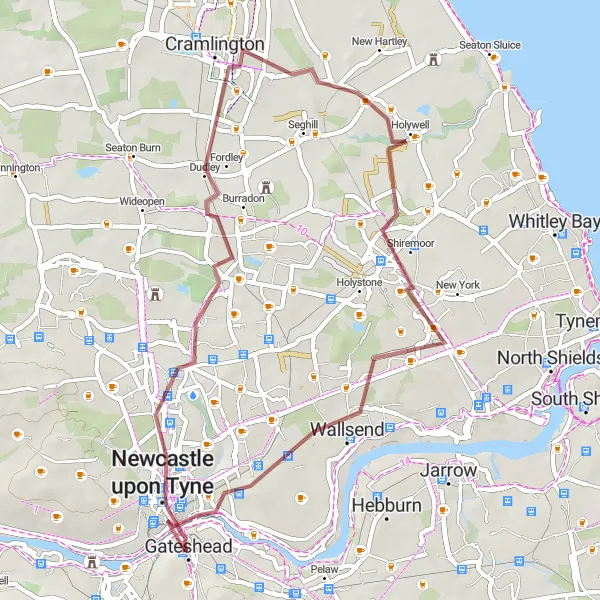 Map miniature of "Coastal Gems and Urban Marvels Gravel Ride" cycling inspiration in Northumberland and Tyne and Wear, United Kingdom. Generated by Tarmacs.app cycling route planner