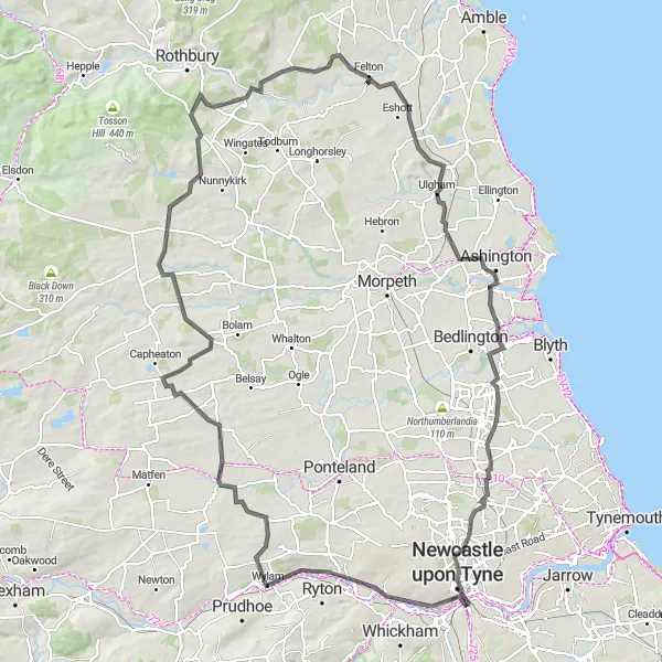 Map miniature of "Northumberland Road Challenge" cycling inspiration in Northumberland and Tyne and Wear, United Kingdom. Generated by Tarmacs.app cycling route planner