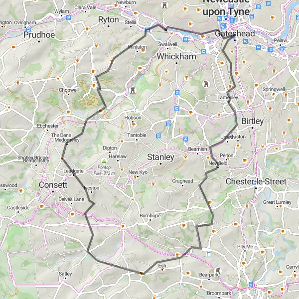 Map miniature of "Natural Beauty and Historical Sites Cycling Adventure" cycling inspiration in Northumberland and Tyne and Wear, United Kingdom. Generated by Tarmacs.app cycling route planner