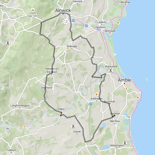 Map miniature of "Historic Castle Tour" cycling inspiration in Northumberland and Tyne and Wear, United Kingdom. Generated by Tarmacs.app cycling route planner