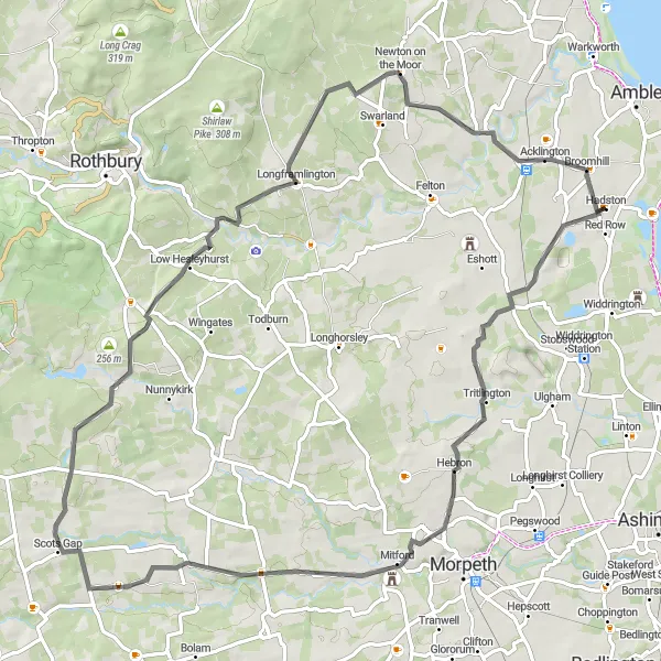 Map miniature of "Hadston to Acklington Circuit" cycling inspiration in Northumberland and Tyne and Wear, United Kingdom. Generated by Tarmacs.app cycling route planner